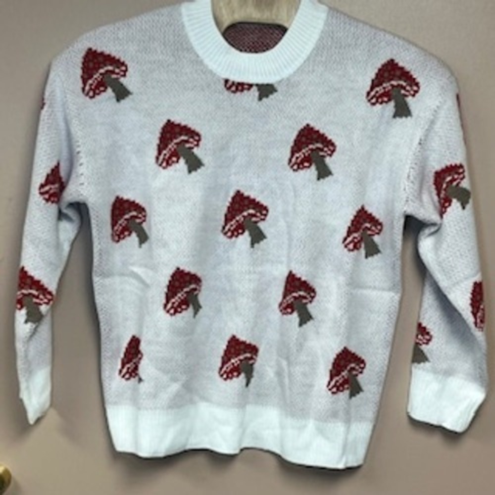 Cute Mushroom Print Knit Sweater Pullover Light‎ Blue Long Sleeve Cozy Casual XL